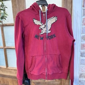 American Eagle Hoodie Mens S Maroon New York Eagle Patch Full Zip Sweater FLAW